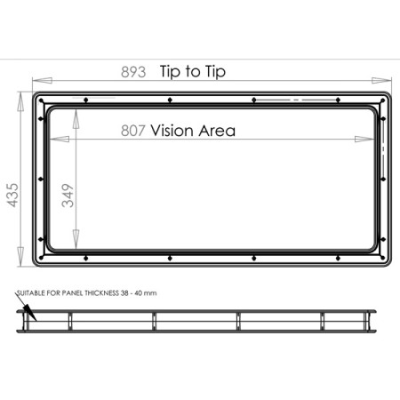 Fenster, rechteckig, XXL, schwarzer Kunststoff, 892x435mm, Sektion 38-40 mm, Schraubmontage